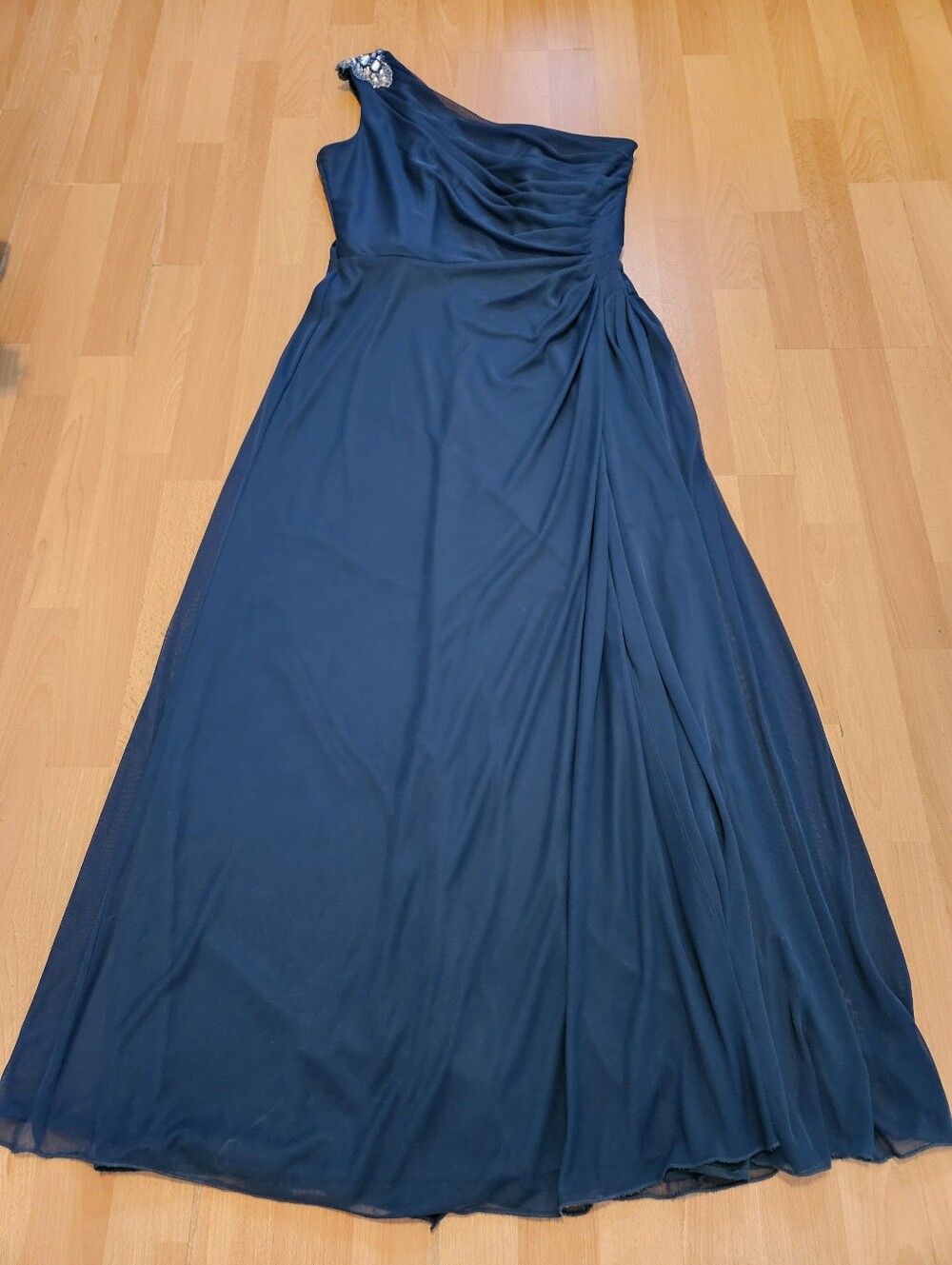 Alex Evenings Teal One-Shoulder Evening Gown with Jeweled Shoulder